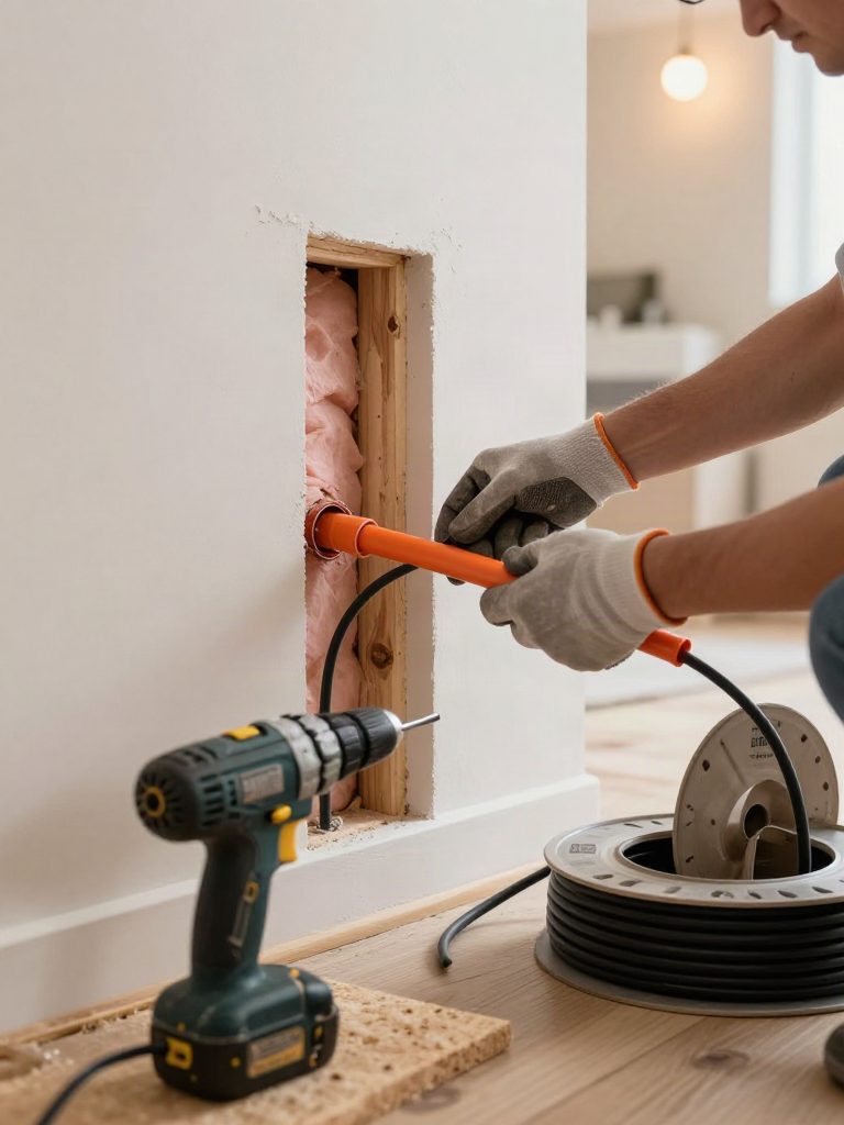Elektriker som utför nyinstallation av el